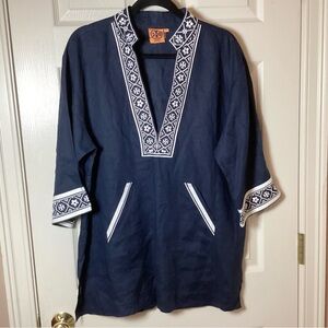 Tory Burch Stephanie Linen Navy Beach Coverup with White Embroidered Trim - M